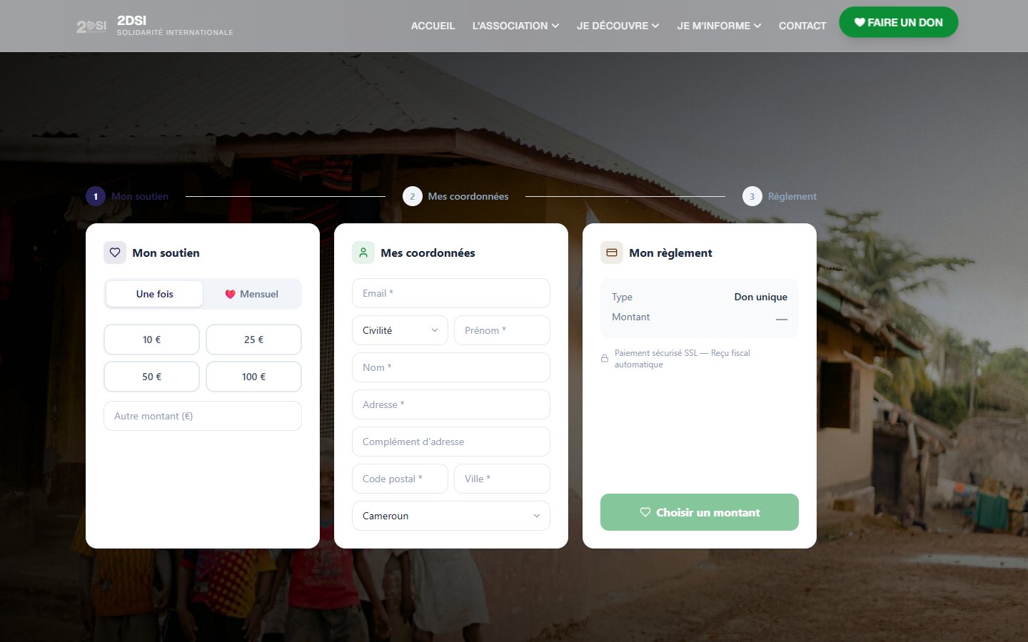The donation flow: support, details, payment.