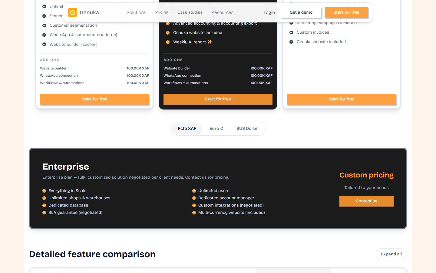 Pricing plans (in FCFA, EUR or USD) and the detailed feature comparison.