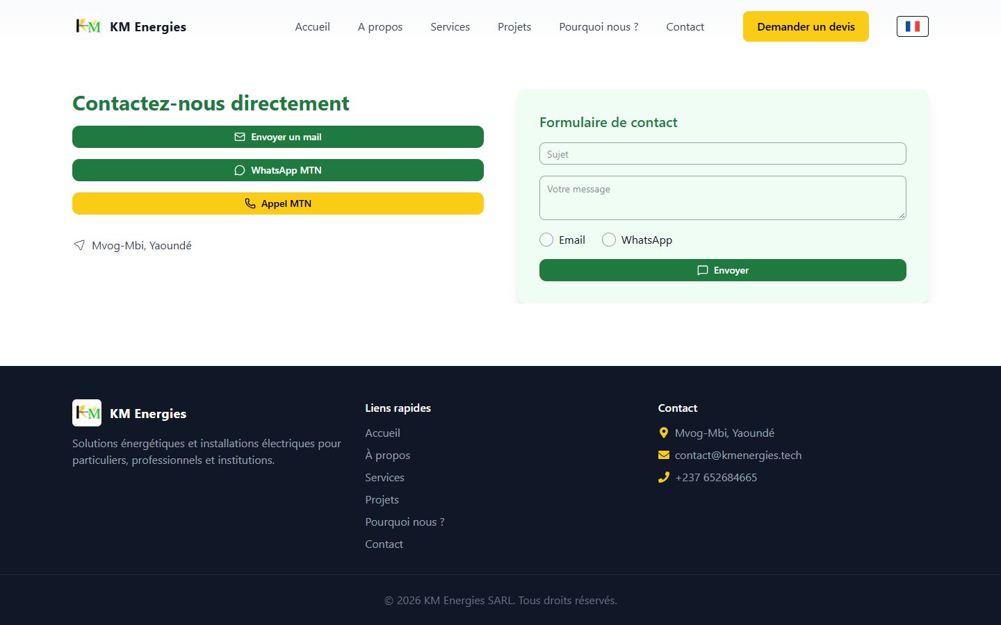 Contact section with form, email, WhatsApp and phone.